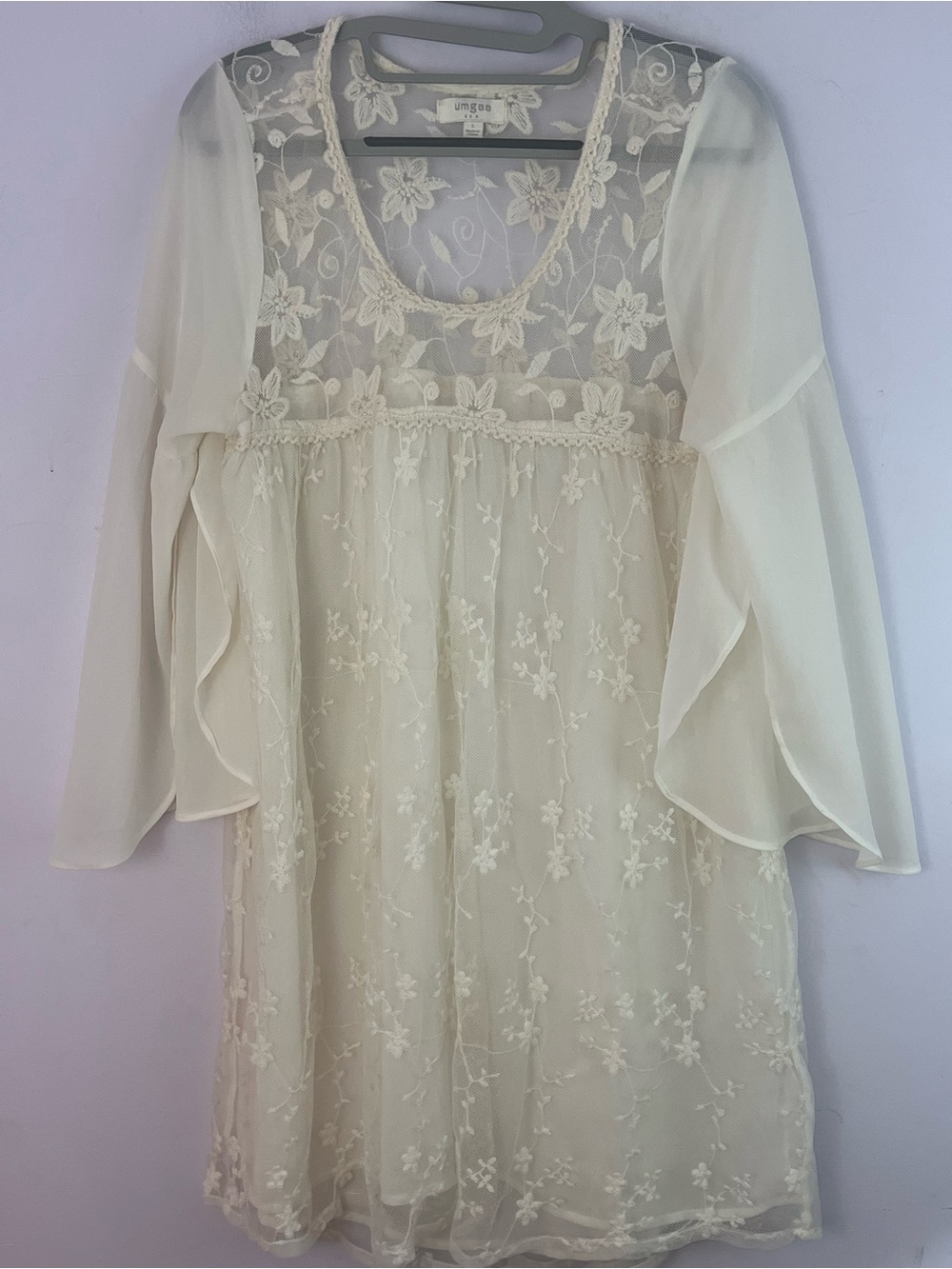 Umgee USA Large Ivory Embroidered Lace Boho Bell Sleeve Tunic Dress